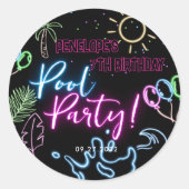 Moderne Neon Glow Black Pool Party Verjaardag Ronde Sticker (Voorkant)