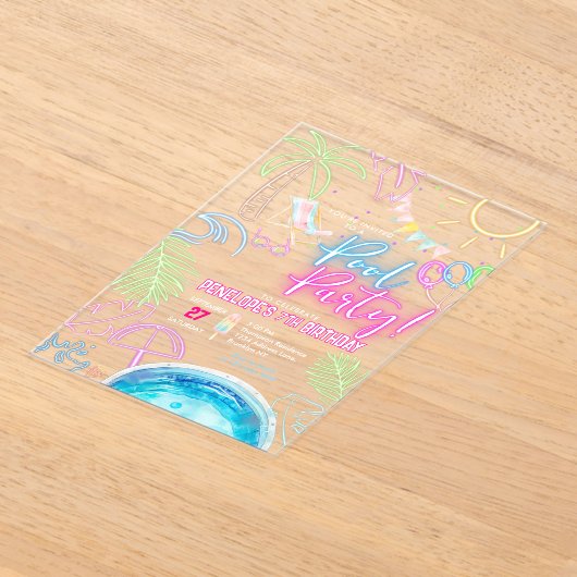 Moderne Neon Glow Waterverf Pool Party Verjaardag Acryl Uitnodigingen (Laagn)