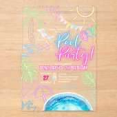 Moderne Neon Glow Waterverf Pool Party Verjaardag Acryl Uitnodigingen (Voorkant)