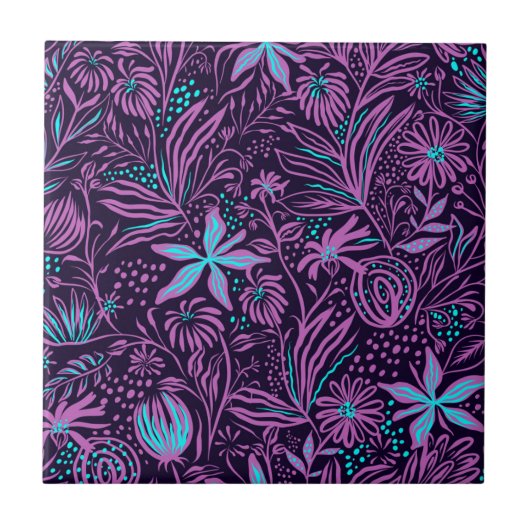 Moderne Neon Paars Floral Pattern Ceramic Tile Tegeltje (Voorkant)