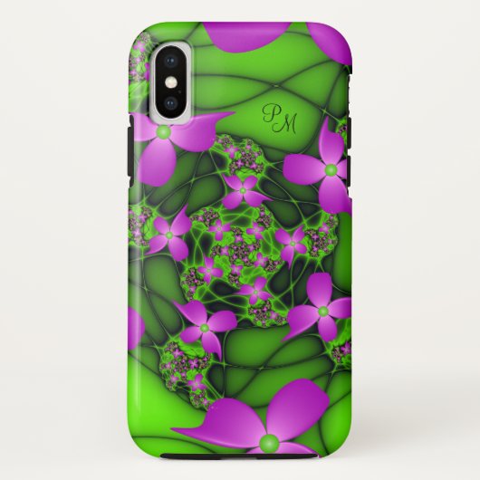 Moderne Neon Pink Green Fractal Flowers Monogram Case-Mate iPhone Case (Achterkant)