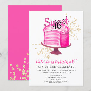 Moderne neonroze goudcake snijdkorrelig Sweet 16 Kaart