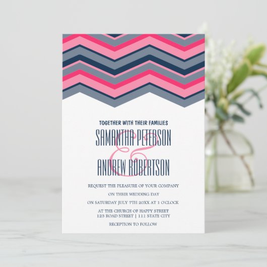 Moderne neonroze marineblauwe chevron Weddenschap Kaart (Staand voorkant)