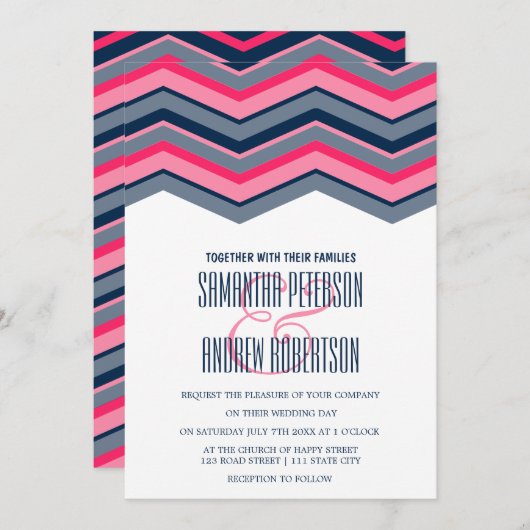 Moderne neonroze marineblauwe chevron Weddenschap Kaart (Voorkant / Achterkant)