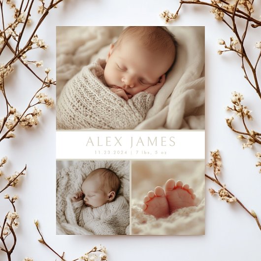 Moderne Neutral Boho Fotocollage Baby Geboorte Aankondiging