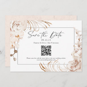 Moderne neutrale kleurflorale QR-code met de datum Save The Date