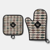 Moderne Neutrale Vlinders Tuin Patroon Monogram Ovenwant & Pannenlap Set (Voorkant)