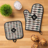 Moderne Neutrale Vlinders Tuin Patroon Monogram Ovenwant & Pannenlap Set (Top down)