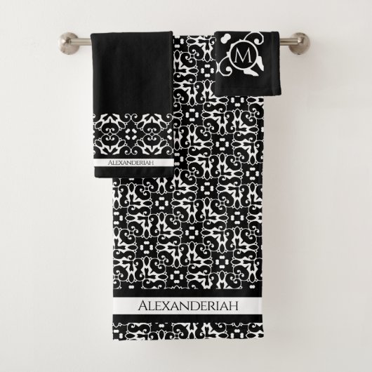 Moderne noir et blanc abstact damas serviette de b (En situation)
