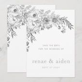 Moderne noir et blanc floral enregistrer la carte (Devant / Derrière)