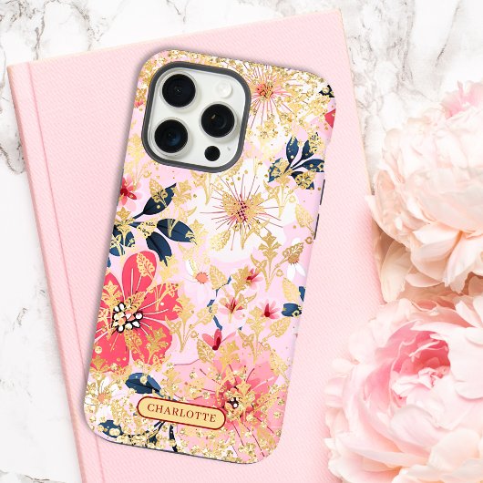 Moderne Nom Personnalisé Paillettes Floral Rose Ch