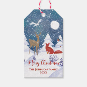 Moderne Nordic Winter Sneeuwachtige Nachtvos Herte Cadeaulabel