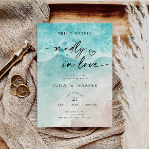 Moderne Oceaangetijde Waterverf Strand Bruiloft Kaart