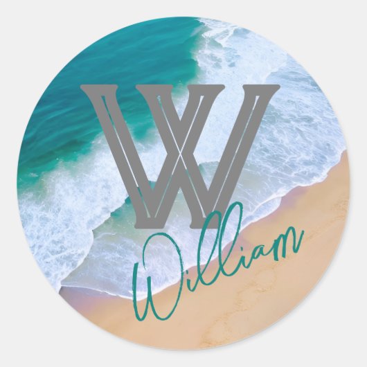 Moderne Ocean Wave Surf Sticker - Aangepaste Monog (Voorkant)