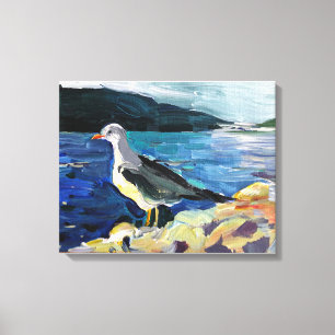 Moderne olieverfschilderbergen en bloeiende bomen canvas afdruk