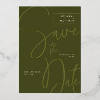 Moderne Olijf groene kalligrafie Sparen de Datum