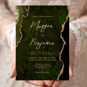 Moderne olijfgroene agaat gouden script bruiloft kaart
