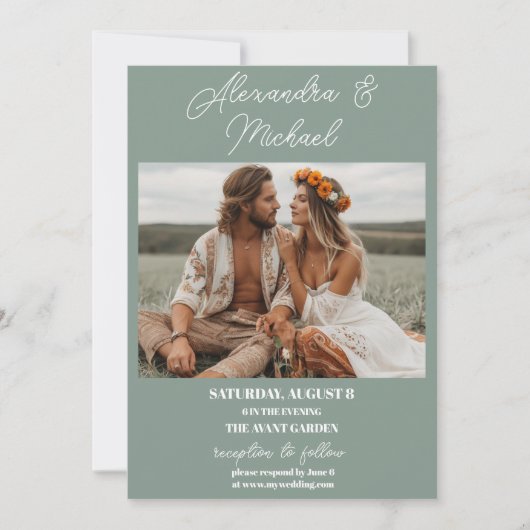 Moderne olijfgroene foto bruiloft kaart (Voorkant)
