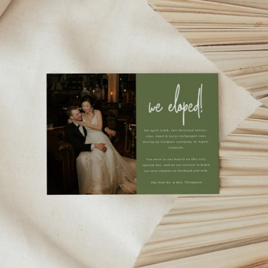 Moderne Olijfgroene Foto Huwelijksuitrusting Aankondiging