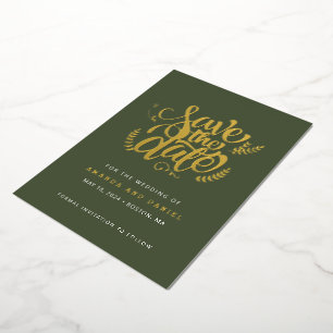 Moderne Olijfgroene Kalligrafie Schrift Huwelijk Folie Uitnodiging