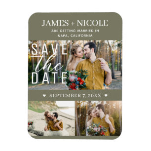 Moderne olijfgroene Save the Date-huwelijksfoto's Magneet