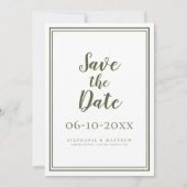 Moderne olijfgroene trouwscript eenvoudig klassiek save the date (Voorkant)