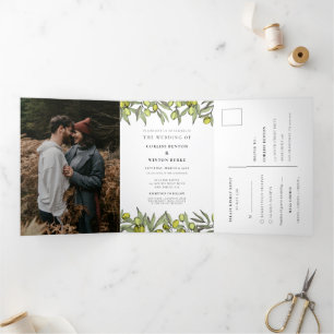 Moderne olijftak Alles bij één bruiloft Drieluik Uitnodiging