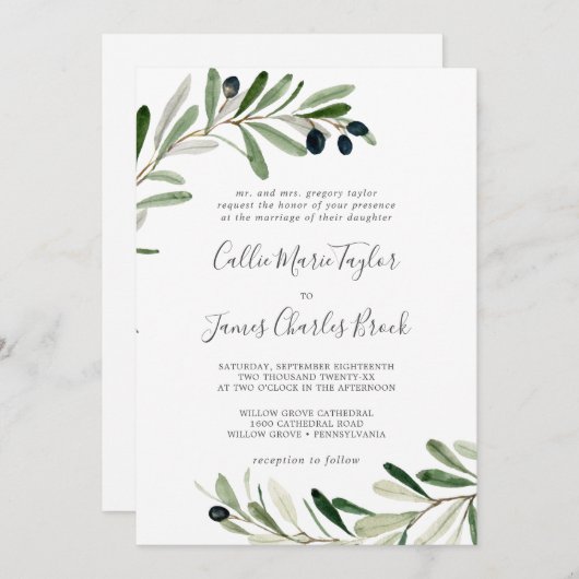 Moderne olijftak in één huwelijk kaart (Voorkant / Achterkant)