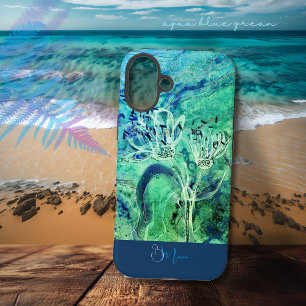 Moderne Ombre Aqua Groene Blauwe Bloemen iPhone 16 Plus Hoesje