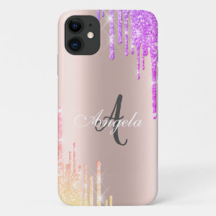 Moderne Ombre Glitter Drips Roze Goud, Monogram iPhone 11 Hoesje
