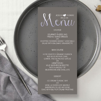 Moderne Ombré Typografie Paarse & Grijze Trouwmenu Reclamekaart