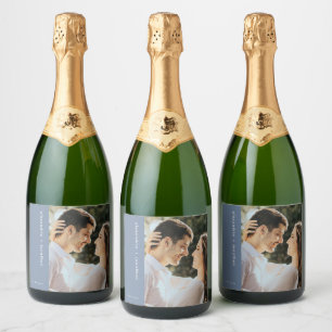 Moderne op maat gemaakte bruisende wijn trouwfoto sparkling wijnetiket