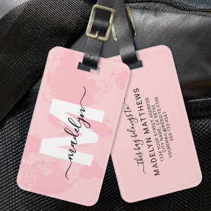 Moderne Op Maat Gemaakte Roze Landkaart Monogram N Bagagelabel