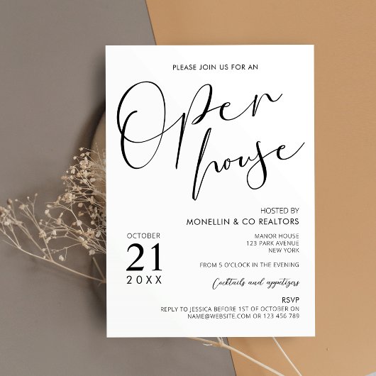 Moderne Open House in zwart-wit en witscript Kaart