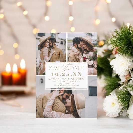 Moderne or gold save the date 3 photos grille de c