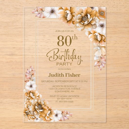 Moderne Oranje Bloemen 80ste Verjaardagsfeest Acryl Uitnodigingen (Voorkant)