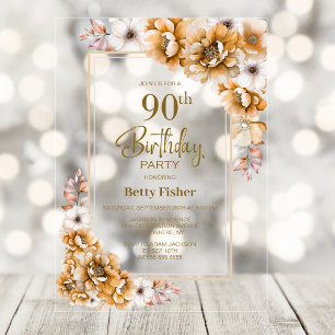 Moderne Oranje Bloemen 90ste Verjaardagsfeest Acryl Uitnodigingen