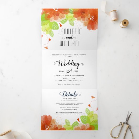 Moderne oranje bloemen, typografie bloedige bruilo drieluik uitnodiging (Binnen)