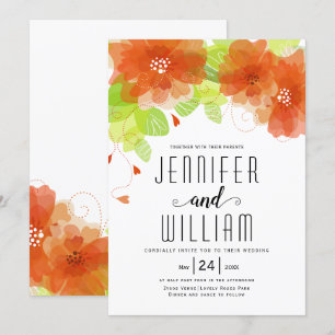 Moderne oranje bloemen, typografie bloedige bruilo kaart