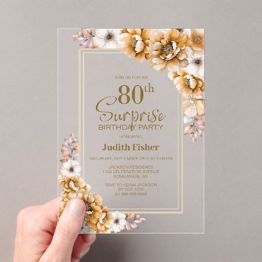 Moderne Oranje Bloemen Verrassing 80ste Verjaardag Acryl Uitnodigingen (Insitu (Draagbaar))