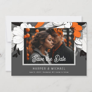 Moderne oranje bloementrouwfoto bewaart de datum kaart