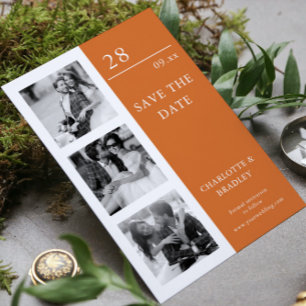 Moderne Oranje-Bruine Trouwcollage met Vier Foto's Save The Date