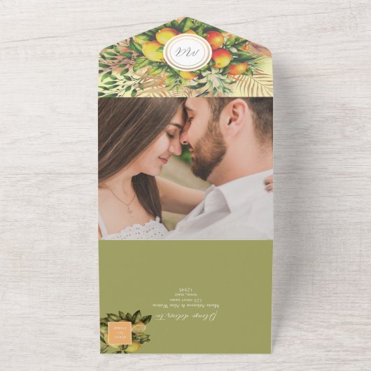 Moderne Oranje Citrusvrucht Bruiloft All In One Uitnodiging (Buitenkant)