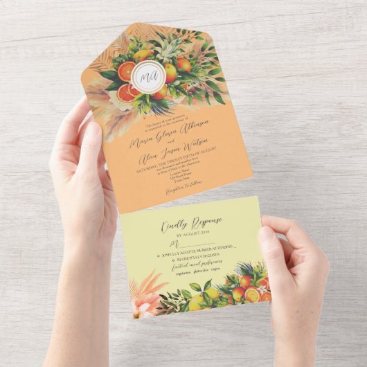 Moderne Oranje Citrusvrucht Bruiloft All In One Uitnodiging (Afscheurbaar)