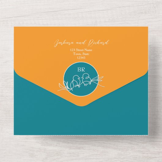 Moderne Oranje en Blauwgroen bruiloft All In One Uitnodiging (Achterkant)