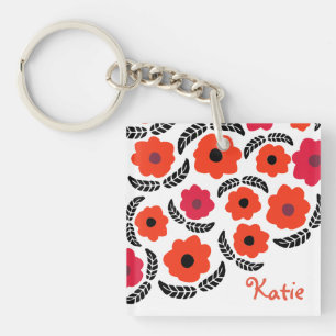Moderne oranje en rode bloemstuk gepersonaliseerd sleutelhanger