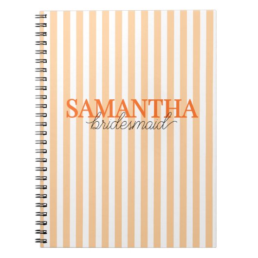 Moderne Oranje Gestreepte Script Bruidsmeisje Naam Notitieboek (Voorkant)