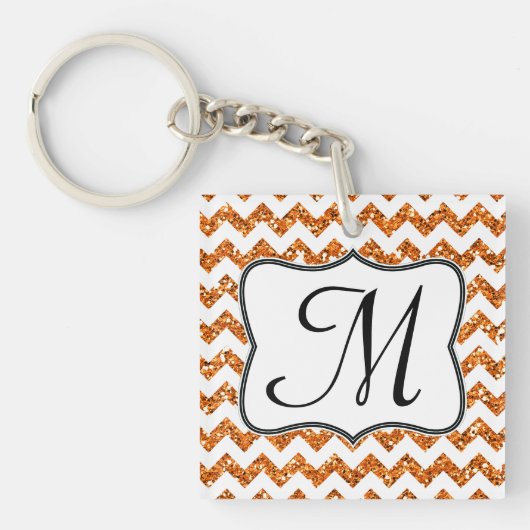 Moderne Oranje Glitter Chevron Zig Zag Sleutelhang Sleutelhanger (Voorkant)