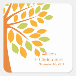 Moderne Oranje Herfst Tree Bruiloft Vierkante Stic Sticker