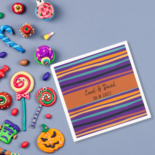 Moderne Oranje Paarse Gestreepte Halloween Bruilof Servet